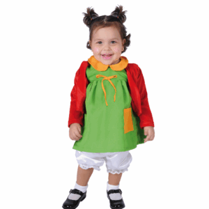Disfraz de Chipilina para bebé o niña, con vestido verde, suéter rojo y pantaloneta blanca.