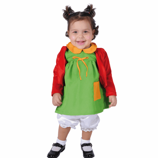Disfraz de Chipilina para bebé o niña, con vestido verde, suéter rojo y pantaloneta blanca.