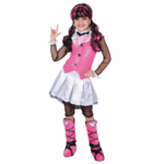 Disfraz de Monster H Drácula para niña, con chaqueta rosa, falda plateada, pechera blanca, short de malla, cubre botas rosas y peluca negra y rosa.
