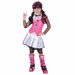 Disfraz de Monster H Drácula para niña, con chaqueta rosa, falda plateada, pechera blanca, short de malla, cubre botas rosas y peluca negra y rosa.