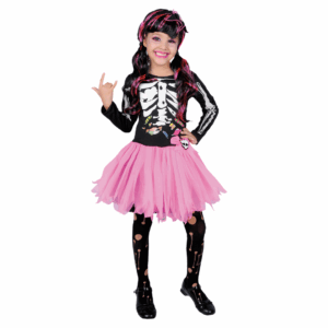 Disfraz de Monster H Calavera para niña, con vestido de manga larga con estampado de esqueleto en negro y rosa, y tutú rosa.
