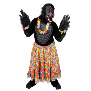 Disfraz de Gorila Hawaiano para adulto con camisa de peluche, falda floral multicolor y máscara de gorila