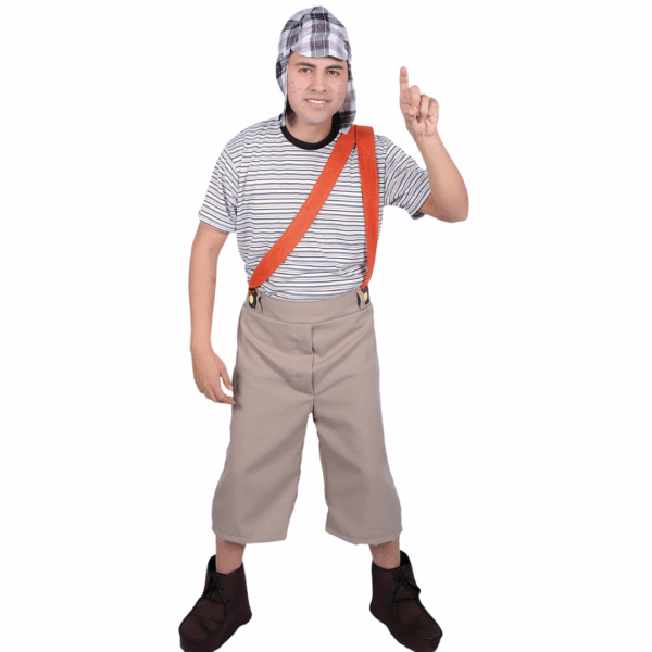 Disfraz de Chavo del 8 para adulto con camisa a rayas, pantalón beige con tirantes naranjas y gorro a cuadros