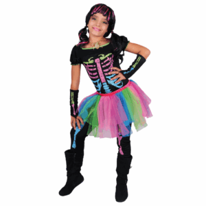 Disfraz de calavera multicolor para niña con enterizo negro, guantes y falda tutú de colores