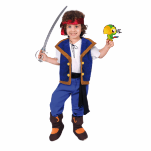 Disfraz de Jack el Pirata para niño, con camisa blanca, chaleco azul y marrón, pantalón azul, pañoleta roja, cinturón negro y cubrebotas marrones.