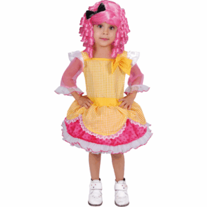 Disfraz de muñeca Lalalupys para niña, con vestido a cuadros amarillos y rosas, y peluca rizada rosa con lazo negro.