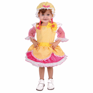 Disfraz de muñeca Lalalupys Bebé con vestido a cuadros amarillos y blancos, detalles fucsias, y gorro con trenzas rosadas, para niña.