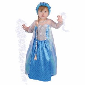 Disfraz de Princesa de Hielo para bebé, con vestido azul brillante, corpiño de lentejuelas, mangas transparentes y vincha con trenza rubia.