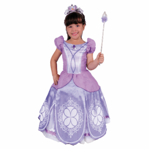 Disfraz de Princesa Sofy para bebé o niña, con vestido largo lila y morado con detalles plateados y tiara.