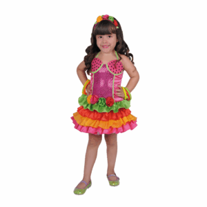 Disfraz de rumbera tropical para bebé con top fucsia brillante, falda de volantes naranja, verde y rosa, y diadema con flores y frutas.