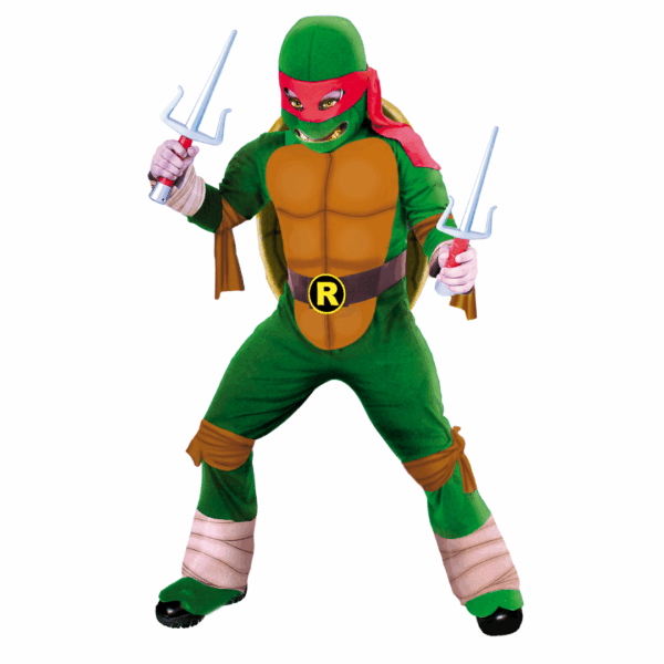 Disfraz de Ninja Tortuga Rafael para niño, con mono verde, caparazón en la espalda, cintas para brazos y piernas y gorro con antifaz rojo.