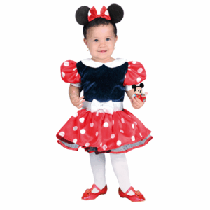 Disfraz de Ratoncita Roja para bebé o niña, con vestido rojo de lunares blancos, corpiño azul marino y vincha con orejas y lazo.