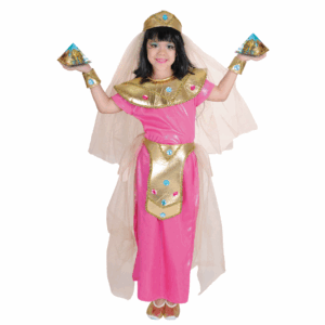 Disfraz de Cleopatra para niña con vestido rosa brillante, cuello dorado con joyas, cinturón dorado, brazaletes, diadema con joya y velo.