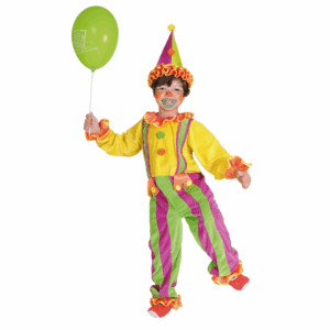 Disfraz de Payasito para niño con enterizo a rayas amarillas, fucsia y verdes, y gorro de cono a juego.