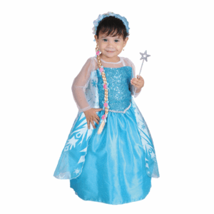 Disfraz de Princesa del Hielo Deluxe para bebé o niña, con vestido largo azul brillante, mangas transparentes, capa con copos de nieve y vincha con trenza rubia.