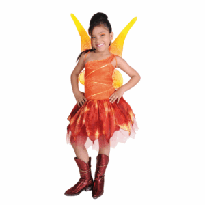 Disfraz de Hada del Bosque para niña, con vestido naranja con falda de pétalos, alas amarillas y cetro.