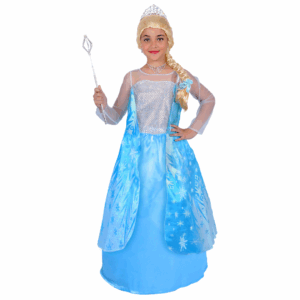 Disfraz de Princesa Hielo Clásica para niña con vestido azul brillante, capa transparente, corona plateada y cetro de princesa.