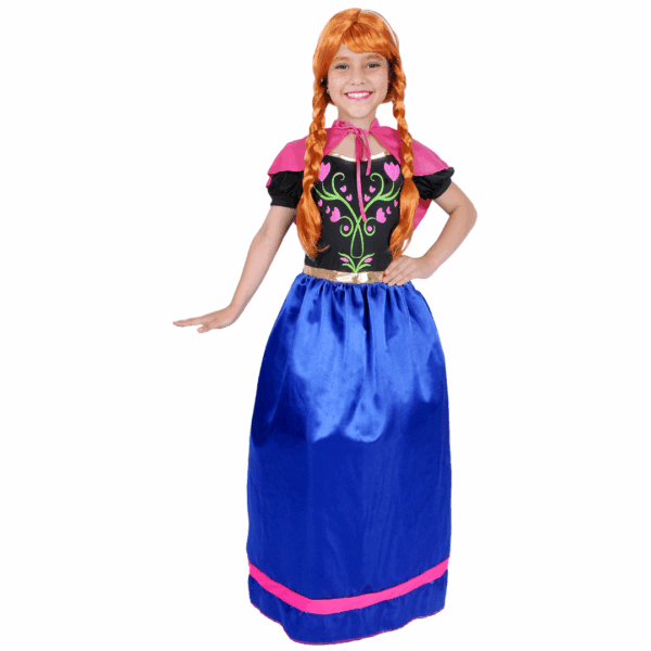 Disfraz de Princesa Hanna Clásica para niña con vestido de corpiño negro con flores y falda azul, y peluca de trenzas naranja rojiza.