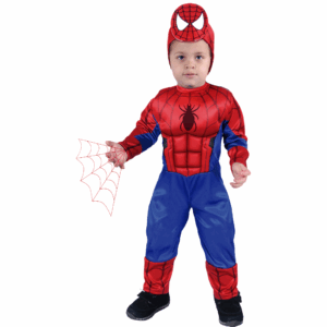 Disfraz de Arañita Power para bebé o niño, con enterizo rojo y azul con emblema de araña y gorro a juego.