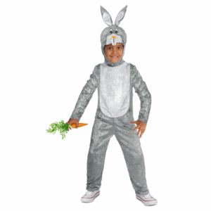 Disfraz de Conejito para niño o niña, con enterizo gris de felpa, barriga blanca y gorro con orejas rosadas.