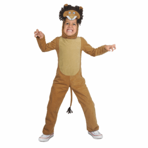 Disfraz de Leoncito para niño con enterizo de felpa marrón y beige, y gorro con melena y cara de león.