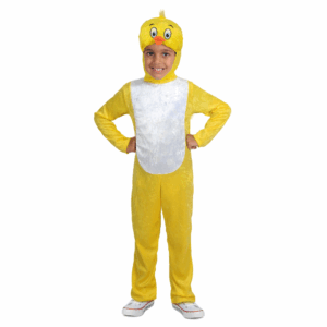 Disfraz de Pollito para bebé o niño pequeño, con enterizo amarillo de felpa y gorro con la forma de cabeza de pollito.
