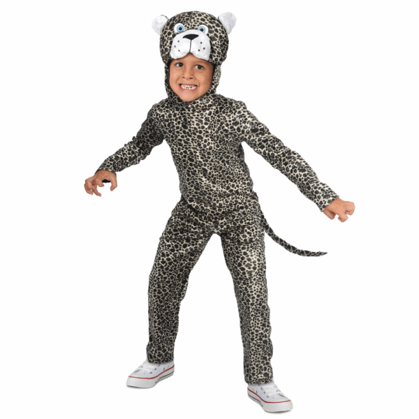 Disfraz de Leopardo para niño con enterizo de estampado de leopardo y gorro con la cara del animal.