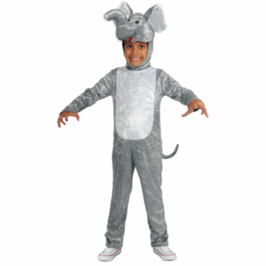 Disfraz de Elefante para niño con enterizo de felpa gris y gorro con trompa y orejas de elefante.