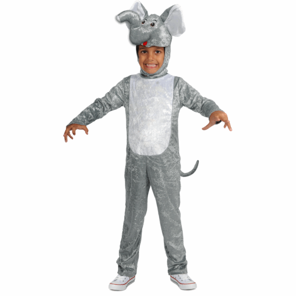Disfraz de Elefante para niño con enterizo de felpa gris y gorro con trompa y orejas de elefante.