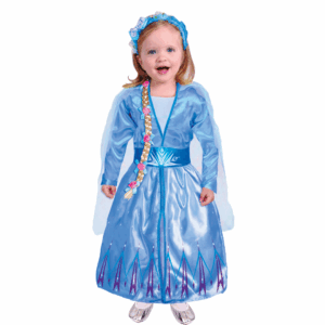 Disfraz de Princesa de Hielo para bebé o niña, con vestido largo azul brillante, capa y vincha con trenza rubia decorada con flores.