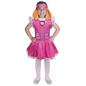 Disfraz de Piloto Patrol para bebé o niña, con vestido rosado brillante que simula un chaleco y vincha con orejas y gafas.
