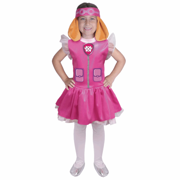 Disfraz de Piloto Patrol para bebé o niña, con vestido rosado brillante que simula un chaleco y vincha con orejas y gafas.