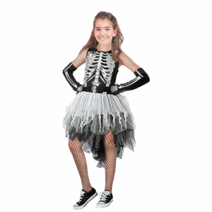 Disfraz de esqueleto fantasma para niña con vestido blanco y negro de tul, y guantes de huesos