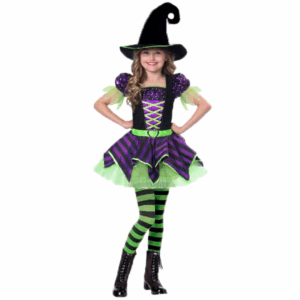 Disfraz de Bruja Jade para niña con vestido morado y verde, falda a rayas y sombrero de bruja