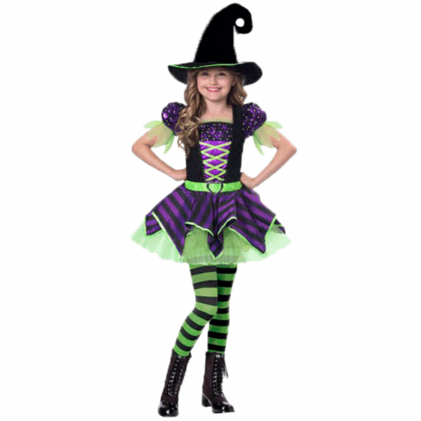 Disfraz de Bruja Jade para niña con vestido morado y verde, falda a rayas y sombrero de bruja