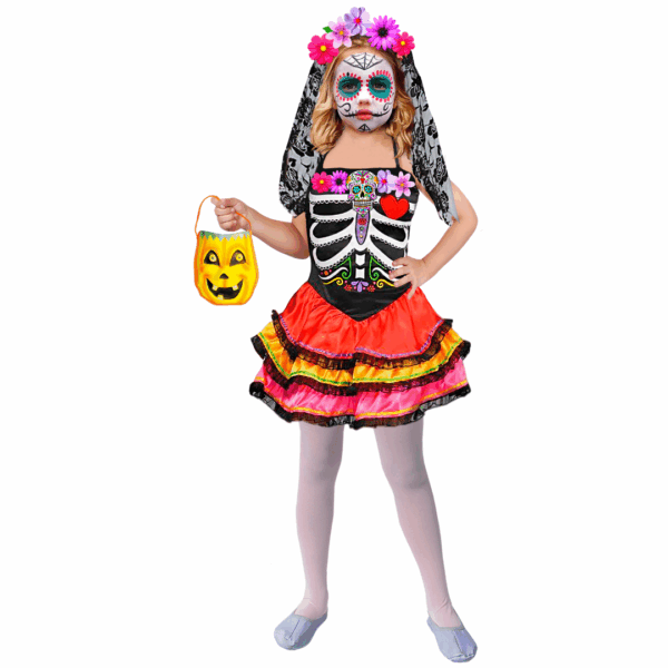 Disfraz de Catrina para niña con vestido negro y falda de volantes de colores, y tocado floral con velo