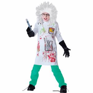 isfraz de Científico Loco Zombie para adulto con bata de laboratorio manchada, peluca blanca despeinada y lentes