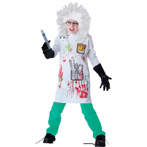 isfraz de Científico Loco Zombie para adulto con bata de laboratorio manchada, peluca blanca despeinada y lentes