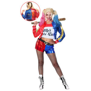 Disfraz de Lady Queen para adulta con chaqueta roja y azul, camisa corta blanca y shorts metálicos