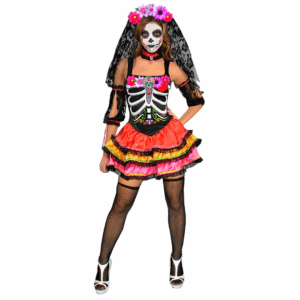 Disfraz de Catrina para adulta con vestido multicolor de esqueleto y flores, y vincha con velo de encaje
