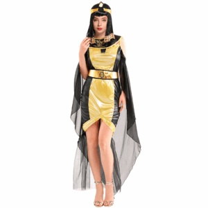Disfraz de Faraona Egipcia para adulta con vestido negro y dorado, capa transparente y cintillo