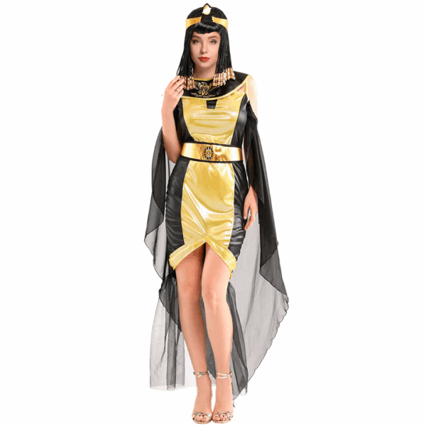 Disfraz de Faraona Egipcia para adulta con vestido negro y dorado, capa transparente y cintillo