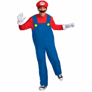 Disfraz de Mario Bros para adulto con camisa roja, overol azul, bigote, guantes blancos y gorro rojo