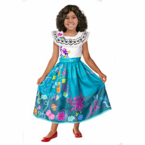 Disfraz de Maribel Encantada para bebé o niña, con vestido blanco en la parte superior y falda turquesa con estampados florales.