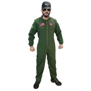 Disfraz de Piloto Maverick para adulto con enterizo verde de aviador, parches decorativos y gorra Top Gun