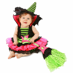 Disfraz de bruja araña para bebé con vestido rosa y negro, y sombrero puntiagudo