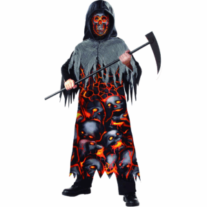 Disfraz de Calaveras de Fuego para niño con túnica negra con capucha y estampado de calaveras y lava, y máscara