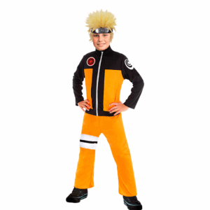 Disfraz de Naruto Uzumaki para niño con chaqueta naranja y negra, pantalón naranja y peluca rubia