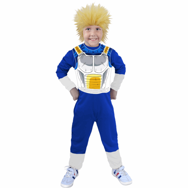 Disfraz de Vegeta de Dragon Ball Z para niño con enterizo azul y armadura blanca, y peluca rubia de Super Saiyajin