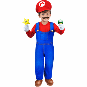 Disfraz de Super Mario para niño, con overol azul, camisa roja, guantes blancos, bigote y sombrero rojo con la letra "M".